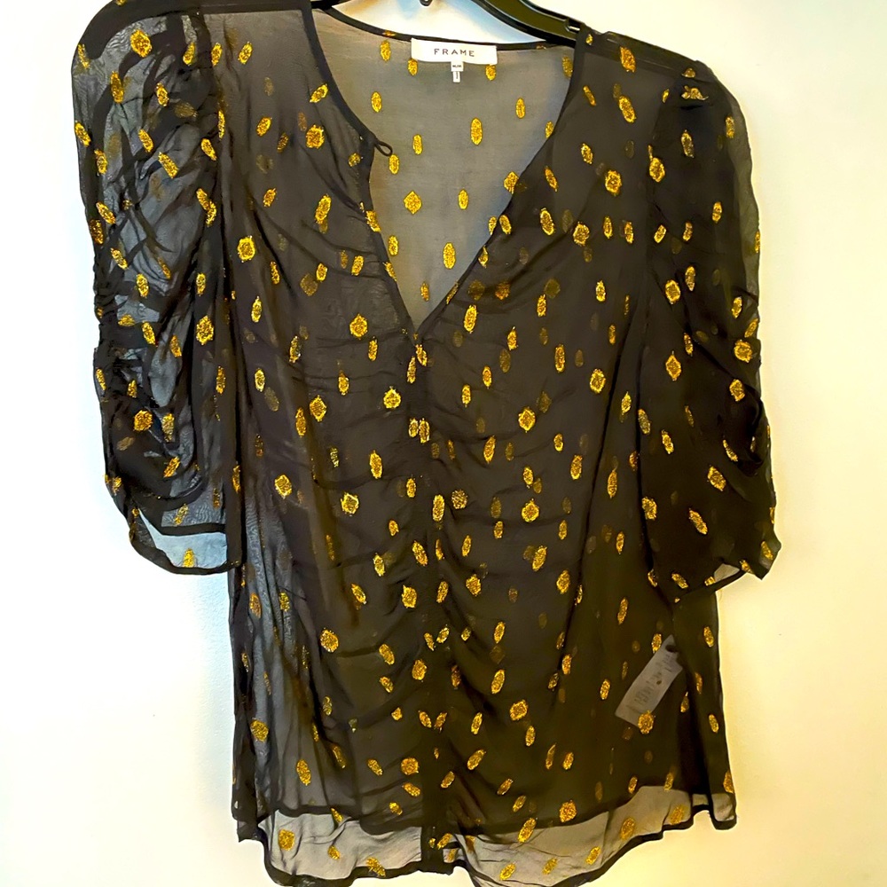 Frame Black and Gold Metallic Sheer Top- SZ M